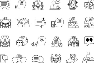 Speaking Icon Set. Vector Illustrations Communication, Comments, Consultation, Conversation, Speech, Debate, Discourse, Discussion, Chat, Language, Speech Bubble, and More
