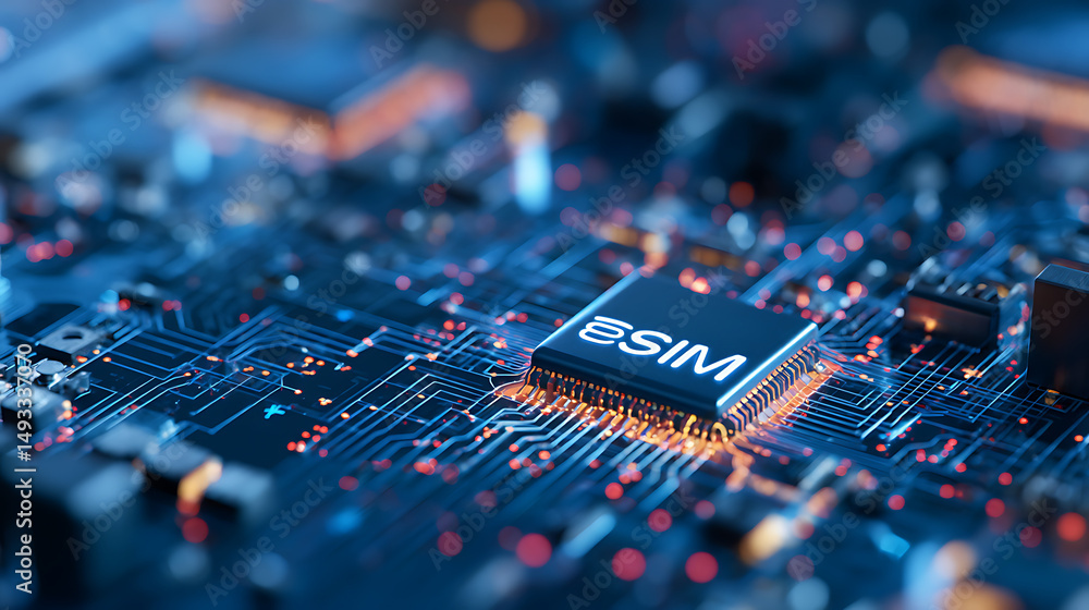Poster abstract tech-themed graphic with esim text, circuit and connection lines on dark blue background, c