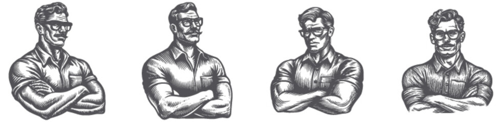 Obraz premium Detailed Vintage Illustration of Confident Man with Glasses and Muscles