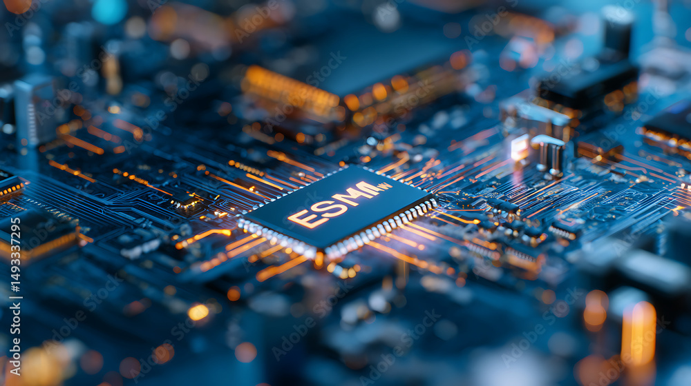 Poster abstract tech-themed graphic with esim text, circuit and connection lines on dark blue background, c
