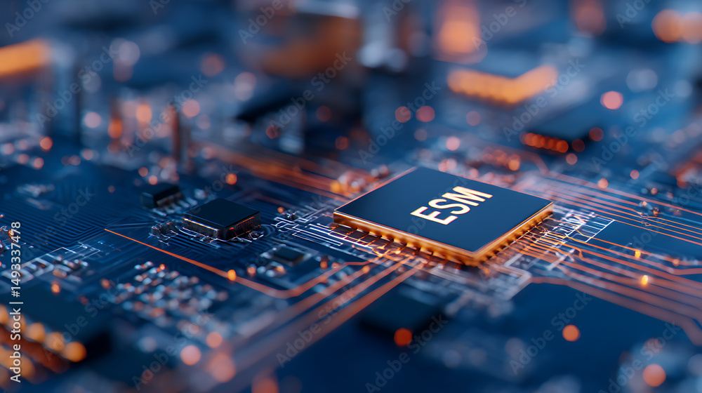 Poster abstract tech-themed graphic with esim text, circuit and connection lines on dark blue background, c