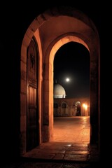 Fototapeta premium Dome of the Rock view through archway at night in Jerusalem Israel Middle East religious landmark historic site