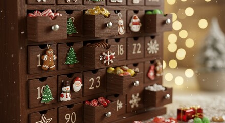 Fototapeta premium Wooden Advent Calendar with Sweets Festive Countdown to Christmas Holiday Anticipation and Joyful Celebration Symbolic Meaningful Moments Full of Candies and Treats