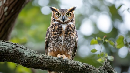 Fototapeta premium Majestic great horned owl perched on a branch gazing towards the camera
