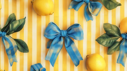 Lemons Blue Bows Yellow Stripes Summer Still Life Photography Bright Cheerful Background Image Food Gift Fruit Fresh    