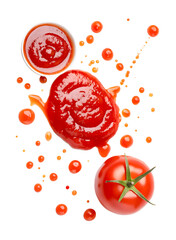 Top view set of tomato fruit with tomato sauce or ketchup splashing isolated on white background and generated with AI