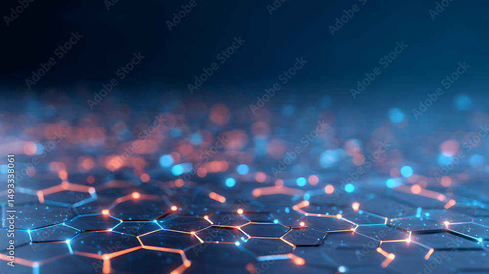 Poster a honeycomb pattern with neon blue lights on a dark background, modern tech concept. 3d rendering 21