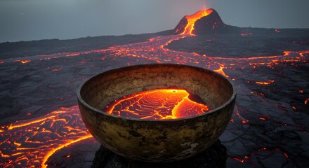 Lava in Bowl with Volcano Background