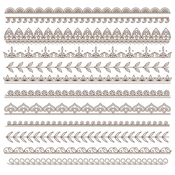 Set of seamless borders for design, application of henna, Mehndi