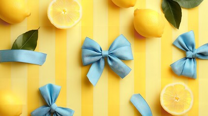 Yellow Lemons Blue Bows Delightful Summer Fruit Background Pattern Design ripe food life gift still happy juicy sweet   
