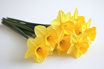 A bunch of bright yellow daffodils, with trumpet-shaped petals, isolated against a plain white surface