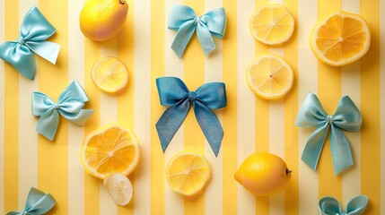 Summer Lemons Yellow Background Blue Bows Delightful Festive Citrus Fruit Pattern Design Elegant Sweet Decor food ripe  