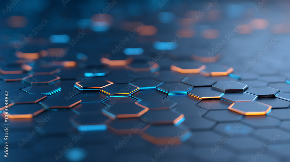 Poster hexagonal pattern with neon blue accents on a dark background, conveying a high-tech concept. 3d ren