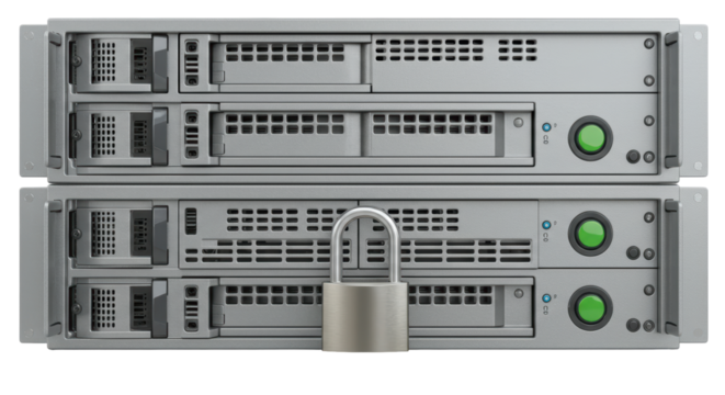 Isolated Silver Servers Locked with Padlock