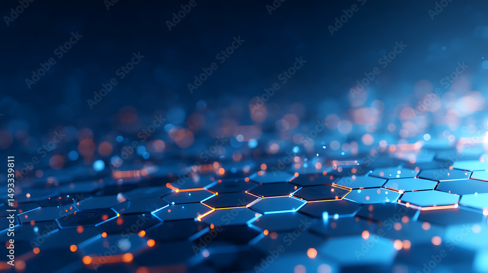 Poster hexagonal pattern glowing blue on a dark backdrop, conveying a concept of modern tech. 3d rendering 