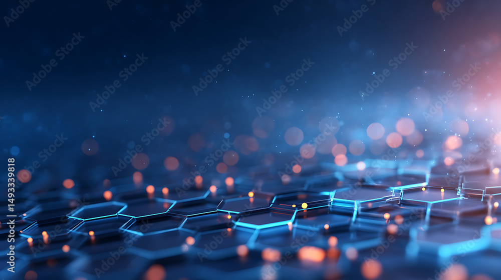 Aufkleber hexagonal pattern glowing blue on a dark backdrop, conveying a concept of modern tech. 3d rendering 
