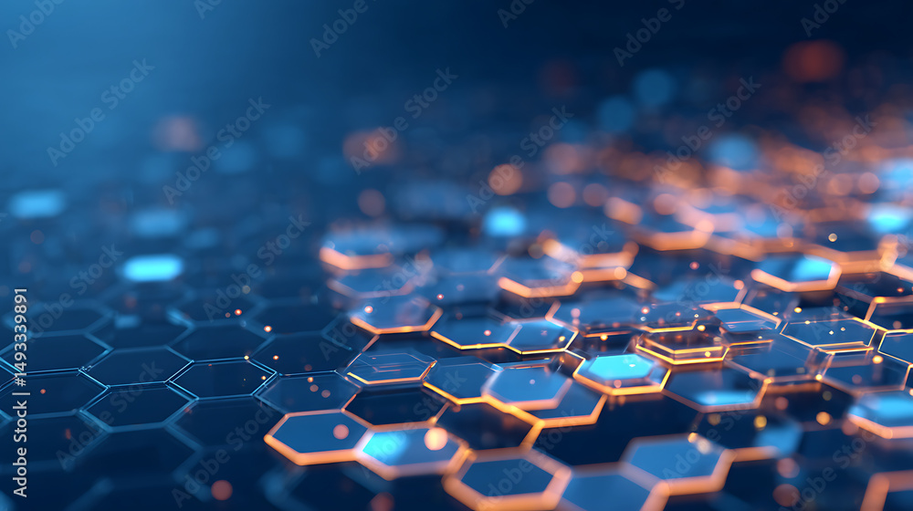 Poster hexagonal pattern glowing blue on a dark backdrop, conveying a concept of modern tech. 3d rendering 