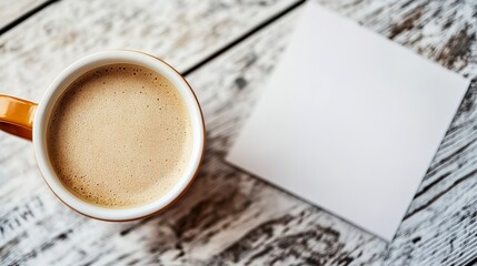 Warm Coffee in Orange Mug on Rustic Wooden Table with Blank Note Hot Top Cozy Foam Life View Cafe Food Home Work Drink  