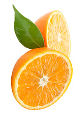 A heap of ripe orange fruit in two halves with green leaf in stack isolated and generated with AI in png file format