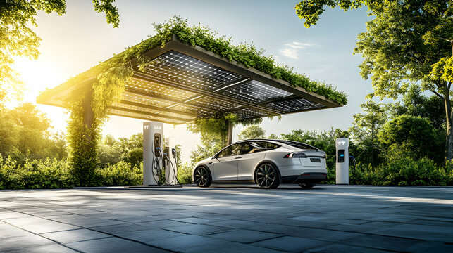 Modern electric vehicle charging station in a lush green environment