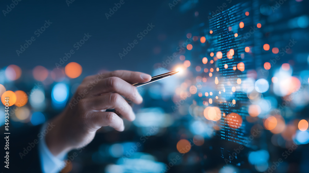 Poster a close-up of a hand with a pen-like tool interacting with a glowing blue digital interface, against