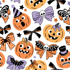 Naklejka premium Seamless vector pattern with cute Halloween pumpkins and bows. Hand drawn creepy Halloween design. Perfect for wallpaper or fabric print. EPS 10 vector file. 