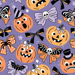 Naklejka premium Seamless vector pattern with cute Halloween pumpkins and bows. Hand drawn creepy Halloween design. Perfect for wallpaper or fabric print. EPS 10 vector file. 