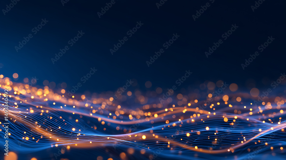 Poster abstract digital landscape with dynamic lines and particles, digital art style, on a dark blue backg