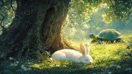 a small white rabbit sleeping under a large tree, peaceful face, green forest, dappled sunlight,green tortoise in the far distance behind 
