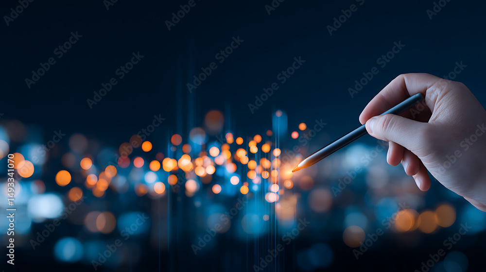 Poster a hand using a stylus on a luminous digital interface with bokeh effects, creative concept on a dark
