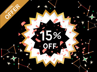Special offer: 15% off the golden and white colour design, which looks like red ribbons and stars on a vector illustration with a black background 
