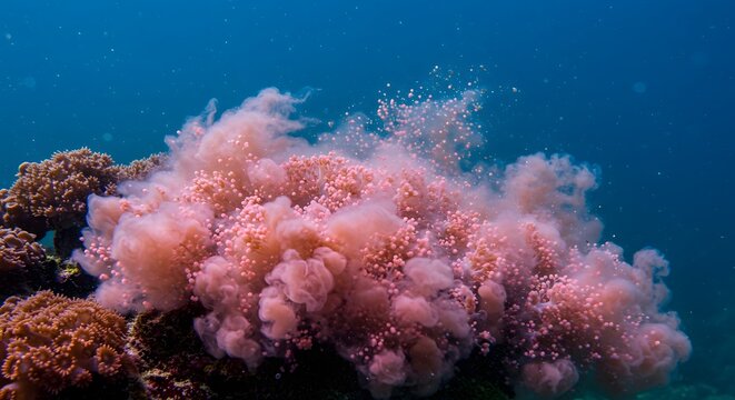 Coral spawning event with pink smoke like substance in the ocean water near reef area