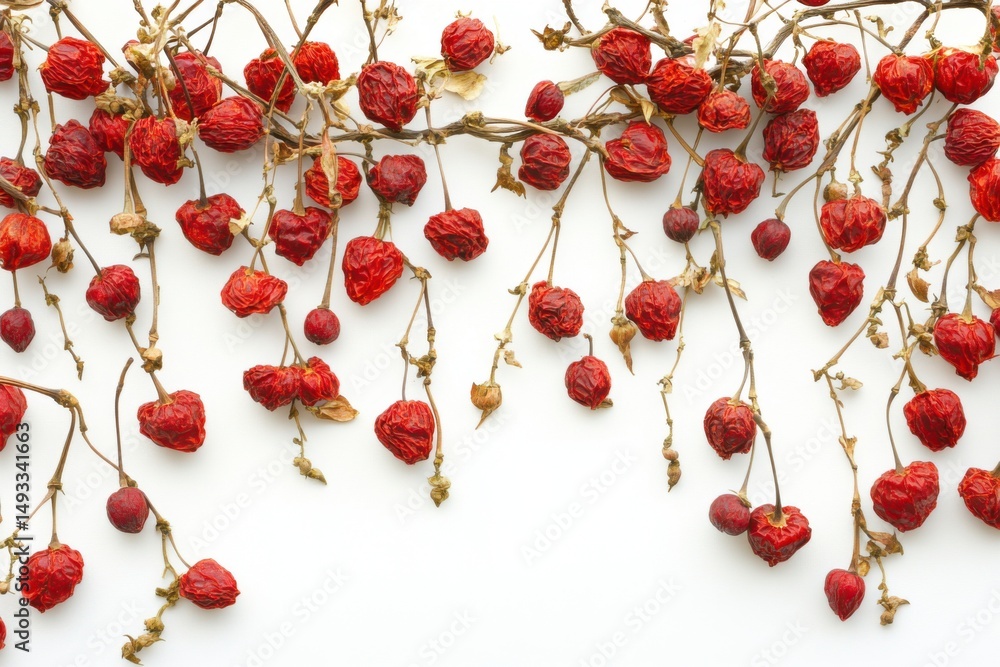 Poster overhead close up of dried red berries on delicate branches against a white background creating a na