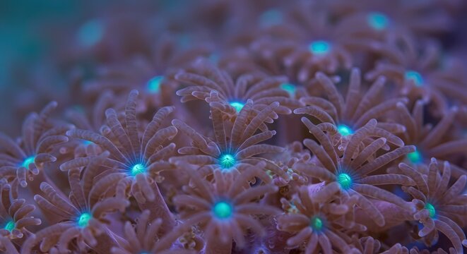 Close up of starburst polyps with bright blue centers in a marine environment view