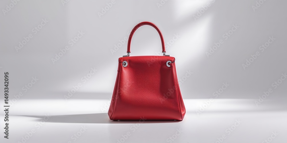 Poster stylish red handbag displayed in minimalist setting with natural light highlighting its texture and 