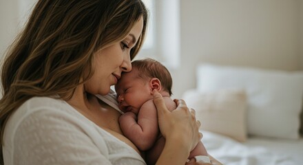 Loving mother holding her newborn baby close on a cozy bed representing maternal love and early bonding in a family setting at home