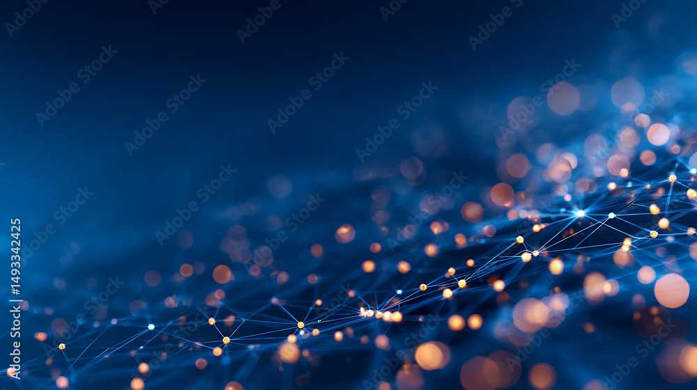 Poster glowing digital network particles and lines on a dark blue background, representing connectivity and