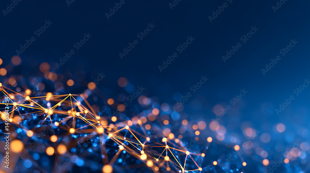 Poster glowing digital network particles and lines on a dark blue background, representing connectivity and