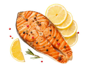 Top view set of grilled salmon meat or salmon steak with yellow lemon slices and spices isolated on white background with clipping path and generated with AI