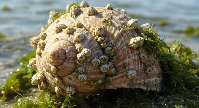 Close up of a seashell covered in barnacles and seaweed on a sandy beach near water