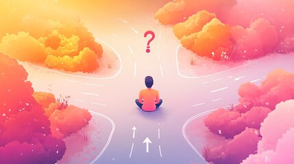 3D isometric flat illustration of man sitting between two roads with question marks above, soft pastel color palette, crossroads with road signs and arrows, isometric top-down view, concept of choice 