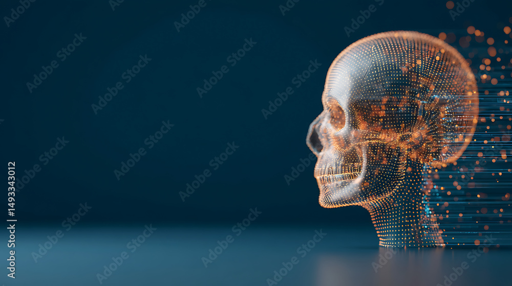 Poster a digital skull with a dotted pattern on a dark blue background, representing a technology concept. 