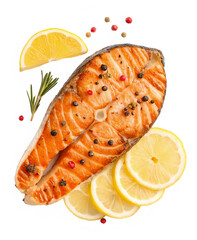 Top view set of grilled salmon meat or salmon steak with yellow lemon slices and spices isolated and generated with AI in png file format