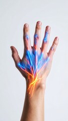 Human hand with glowing veins and arteries, illustrating anatomy and energy flow concept