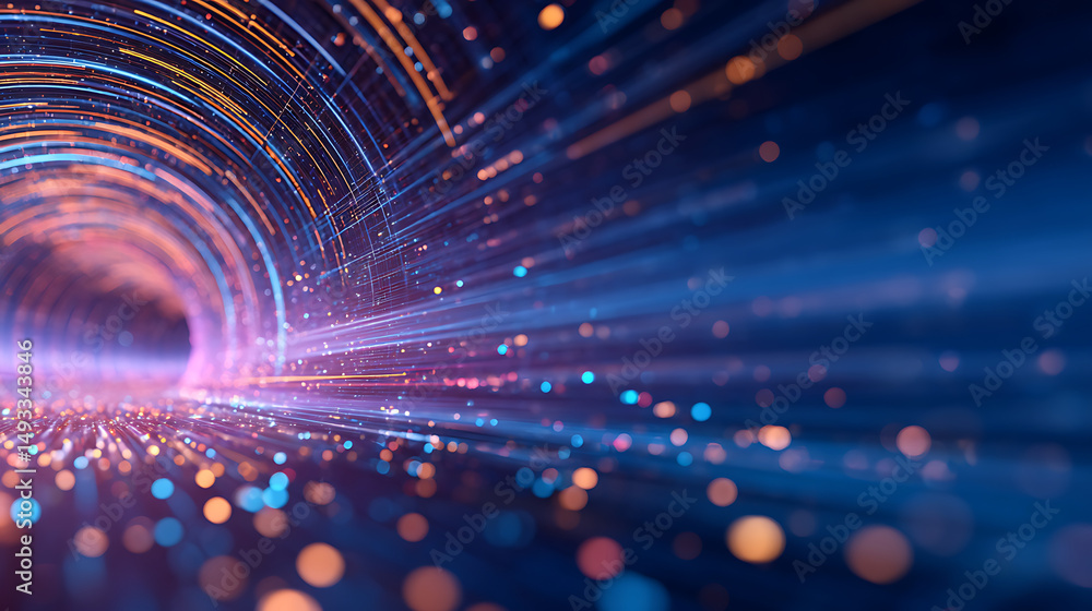 Poster a futuristic tunnel with dynamic lighting and floating particles, set against a dark blue background