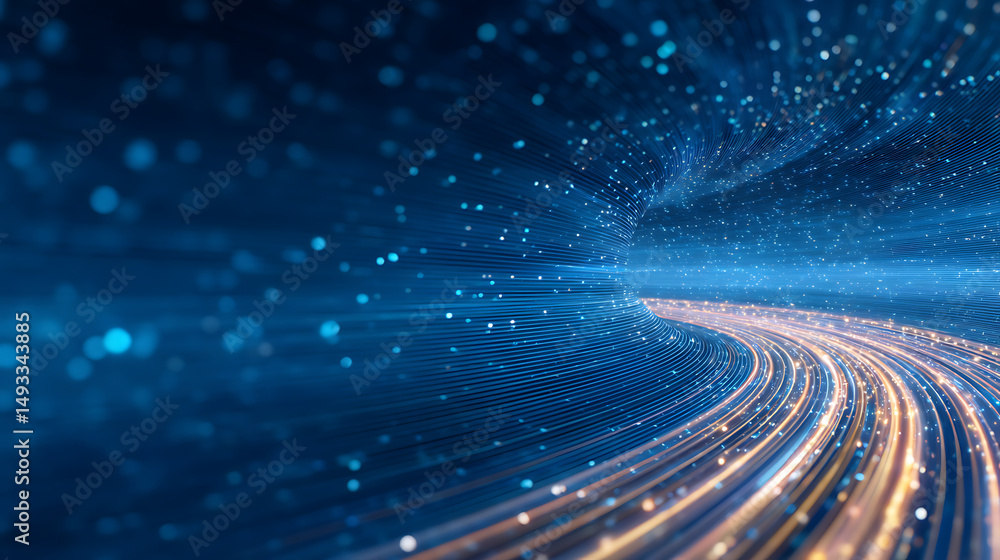 Poster a futuristic tunnel with dynamic lighting and floating particles, set against a dark blue background