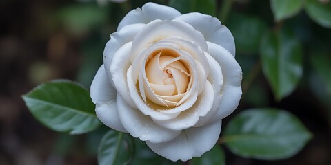 A serene ivory rose with delicate petals kissed by morning dew drops