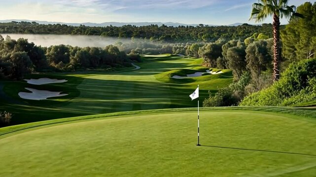 A stunning view of a perfectly manicured golf course with lush green grass and a flag