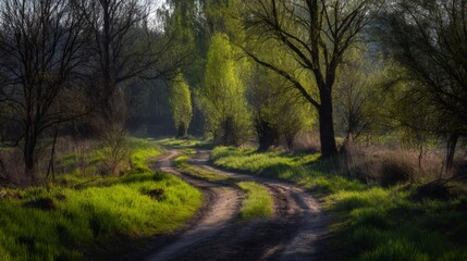 Fototapeta premium Winding dirt road leading into lush green forest in spring