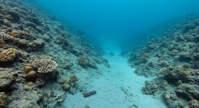 Underwater scene featuring coral reefs and a sea cucumber in a tropical environment